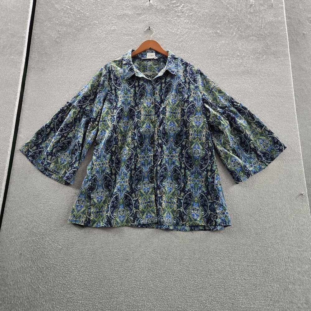 Susan Graver Women Blouse 1X Blue Paisley Button Collared Front READ